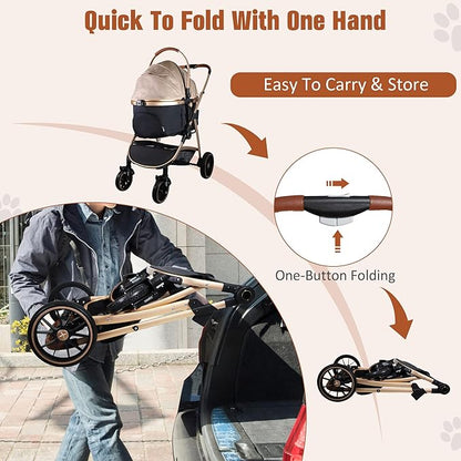 3 in 1 Multifunction Pet Stroller for Small Medium Dogs Cats, No-Zip Dog Stroller with Detachable Carrier &amp; Cup Holder, One-Hand Quick Fold, 4 Wheels Travel Foldable Aluminum Alloy Frame Up to 33 lbs