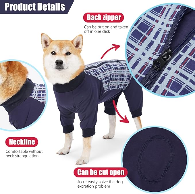 Dog Recovery Suit, Abdominal Wound After Surgery Wear, Anti Licking Bodysuit with Zipper, E-Collar &amp; Cone Alternatives, Plaid Dog Spay Surgical Shirt Prevent Shedding(2XL, Blue)