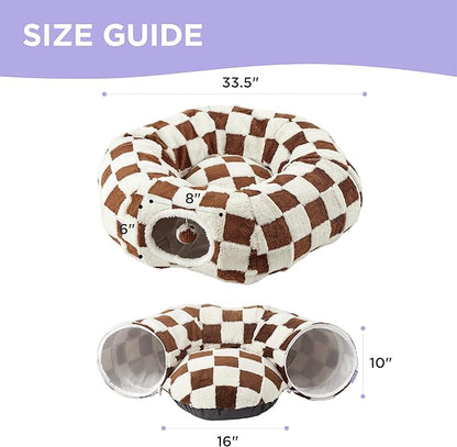 Lesure Cat Tunnel Bed for Indoor Cats - Cute Cat Donut Tunnel Toys for Small Large Cats with Washable Circle Cushion, Round Pet Peekaboo Cave Toy for Kitten/Puppy/Rabbit, Standard Brown