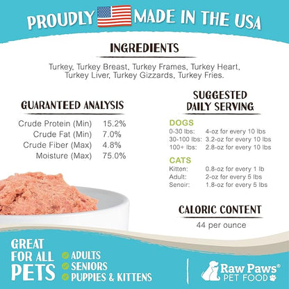 Raw Paws Signature Blend Pet Food for Dogs &amp; Cats - Turkey Recipe, 1-lb Rolls (10 Pack) - Made in USA Frozen Turkey Roll Dog Food - Refrigerated Log Dog Food - Raw Frozen Food for Dogs