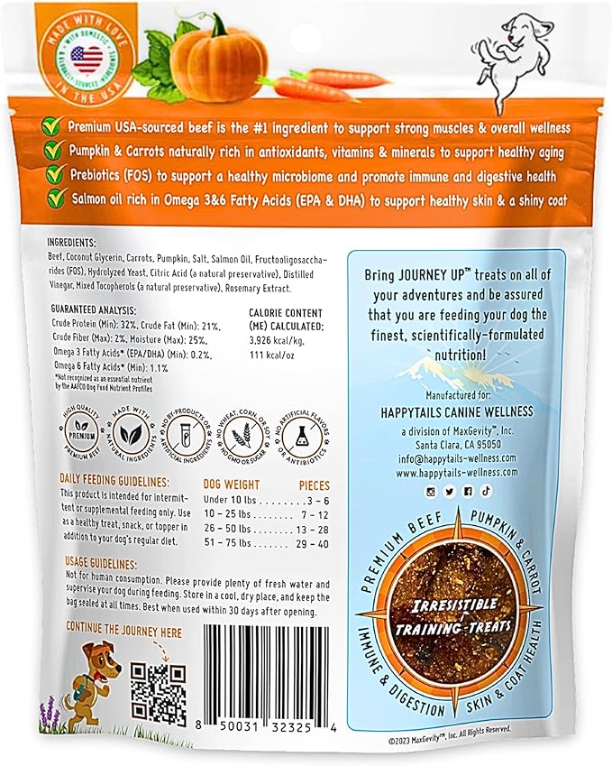HappyTails Journey Up, Pumpkin Power Up Jerky Treats for Dogs with Beef, Pumpkin &amp; Carrots-Made in USA-Prebiotics for Gut &amp; Immune Health, Omega 3 &amp; 6 for Skin &amp; Coat, Small-Large Dogs, 6 oz.