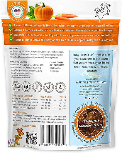HappyTails Journey Up, Pumpkin Power Up Jerky Treats for Dogs with Beef, Pumpkin &amp; Carrots-Made in USA-Prebiotics for Gut &amp; Immune Health, Omega 3 &amp; 6 for Skin &amp; Coat, Small-Large Dogs, 6 oz.