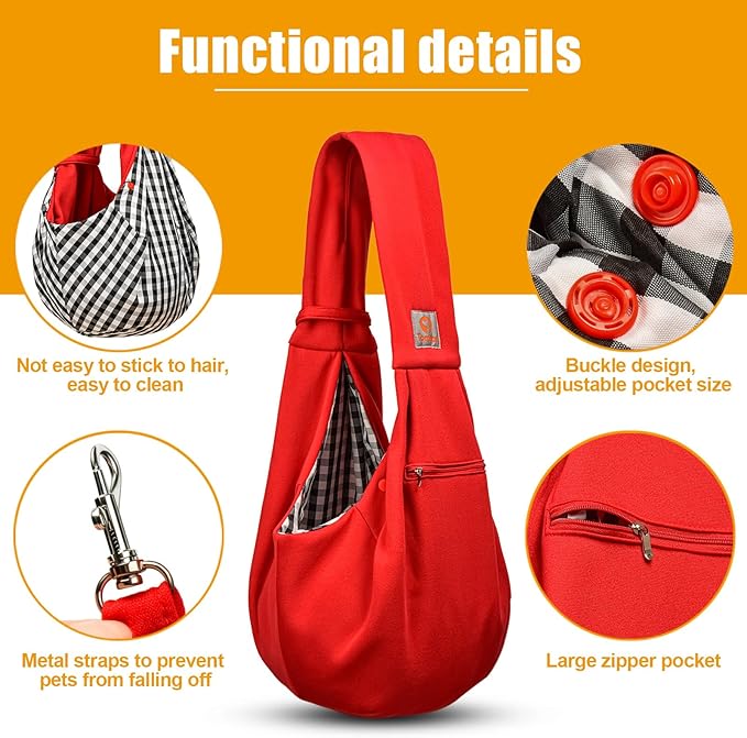 Tomkas Small Dog Sling Carrier - Zipper Pocket &amp; Classic Strap - for 3-10 lbs Pets(Red)
