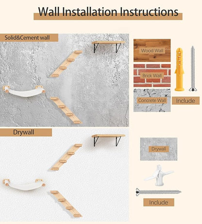 Cat Wall Shelves with 1 Floating Fabric Hammock, 2 Ladders with 4 Steps Each &amp; 1 Flat Cat Shelf, Wall Mounted Bed Furniture &amp; Climber, Indoor Playground