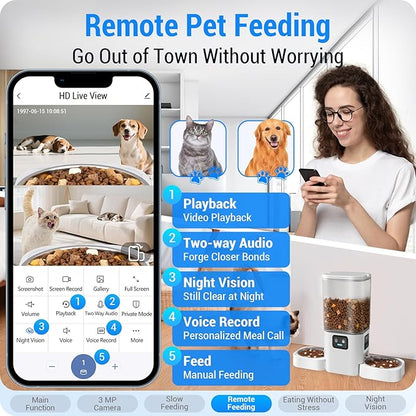 Automatic Cat Feeder with Two HD Camera for 2 Cats: 7L Automatic Dog Feeder with Night Vision &amp; Slow Feed, 5G WiFi Auto Cat Food Dispenser for Multiple Pet, Detachable for Cleaning - 29 Cup