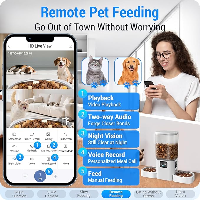 Automatic Cat Feeder with Two HD Camera for 2 Cats: 5G WiFi Automatic Dog Feeder with Night Vision &amp; Slow Feed, 7L Auto Cat Food Dispenser for Multiple Pet, Detachable for Cleaning - 29 Cup