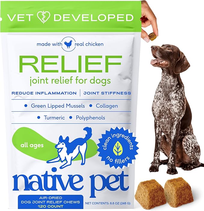 Native Pet Pain Relief for Dogs - Collagen for Dogs Promotes Joint Health, Reduce Inflammation &amp; Stiffness - Senior Pup Joint Supplement - Natural Pain Reliever for Active &amp; Aging Pets - 120 Chews