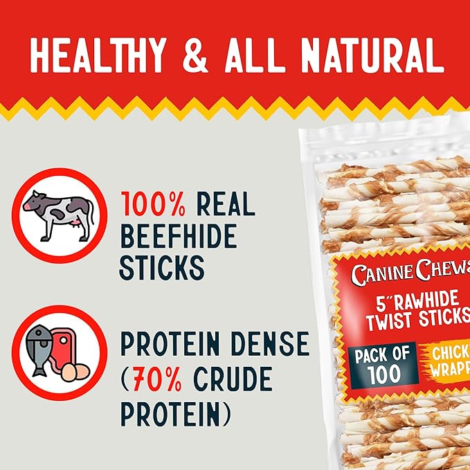 Canine Chews Chicken-Wrapped Rawhide Twists for Dogs - Pack of 100 U.S.A. Sourced Chicken Wrapped Rawhide Dog Treats, Sticks for Dogs - Premium &amp; Natural Beefhide Chews