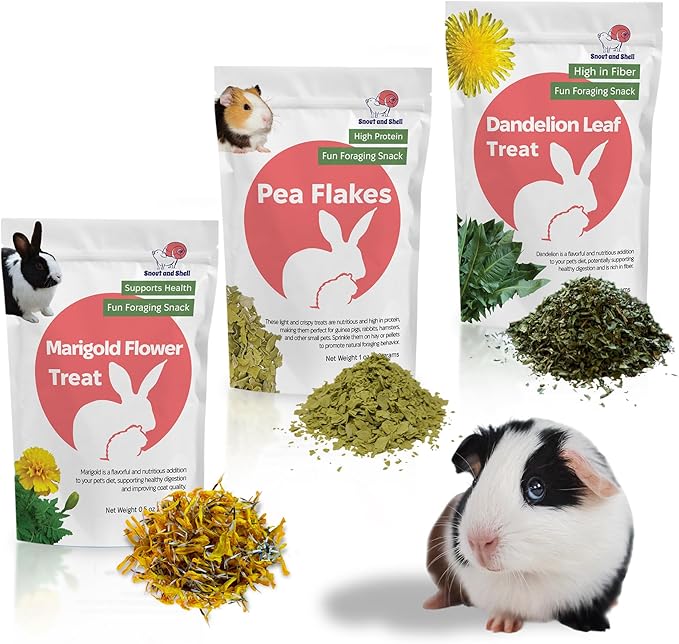 Snout and Shell Small Animal Treats – Pea Flakes, Dandelion Leaf (1oz), Marigold Flowers (0.5oz) – Natural Foraging Snacks for Rabbits, Guinea Pigs, Chinchillas, Hamsters &amp; More