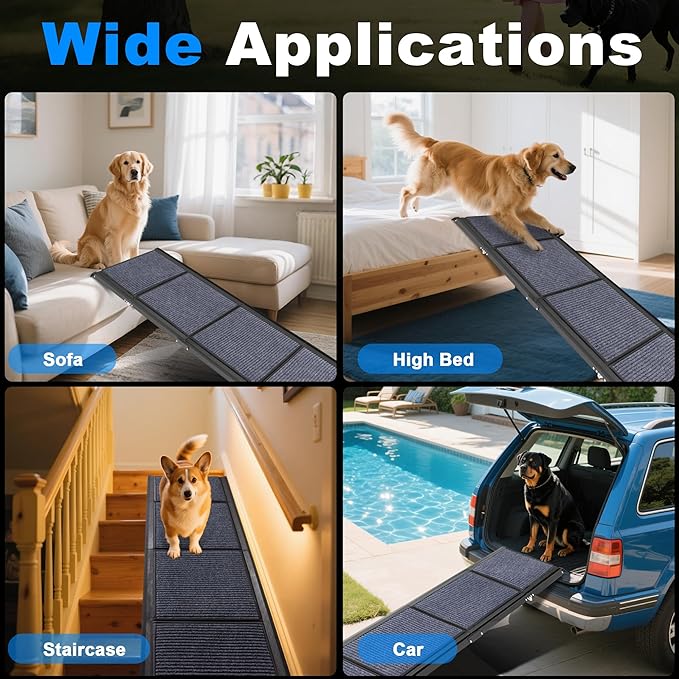 AQUILLA Dog Ramp for Car, 63" Folding Portable Dog Ramp with Non-Slip Rug Surface, Extra Wide Pet Ramps for Cat &amp; Dogs Get on Bed, Cars, Stairs,Pick Up Trucks, Up to 250LBS (63" L x 17.3" W)