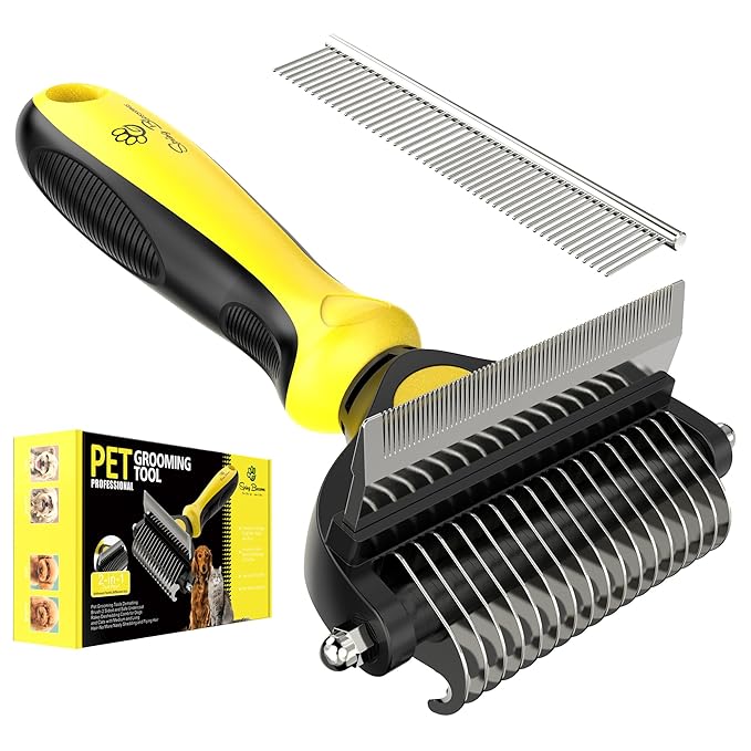 Spring Blossoms-2 in 1 Professional Grooming Rake for Cats &amp; Dogs-Dematting Comb for Easy Mats &amp; Tangles Removing,Pet Brush Safe No More Nasty Shedding and Flying Hair (Lemon Yellow)
