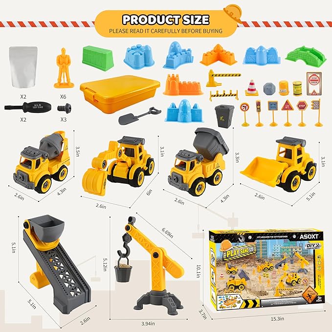 Asoxt 43-Piece Construction Sensory Playset – 2 lbs Play Sand, 4 DIY Trucks, Crane &amp; Road Signs – Creative Sandbox Toy for Kids Ages 3+
