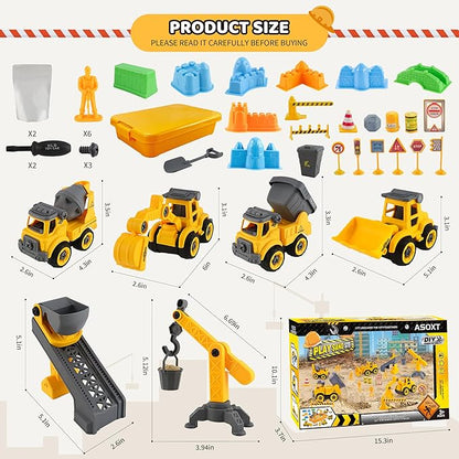 Asoxt 43-Piece Construction Sensory Playset – 2 lbs Play Sand, 4 DIY Trucks, Crane &amp; Road Signs – Creative Sandbox Toy for Kids Ages 3+