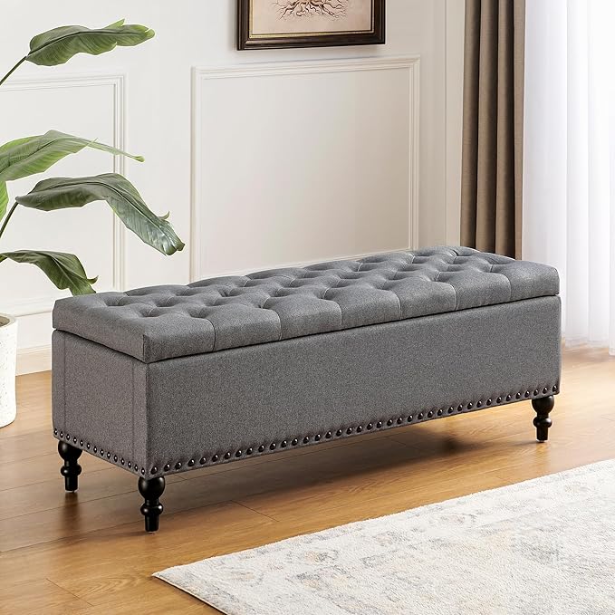 Ottoman with Storage,50.2-inch Upholstered End of Bed Storage Bench for Bedroom,for The Living Room,for Entryway, with Rivets &amp; Button and Safety Hinges,Detachable (Grey)