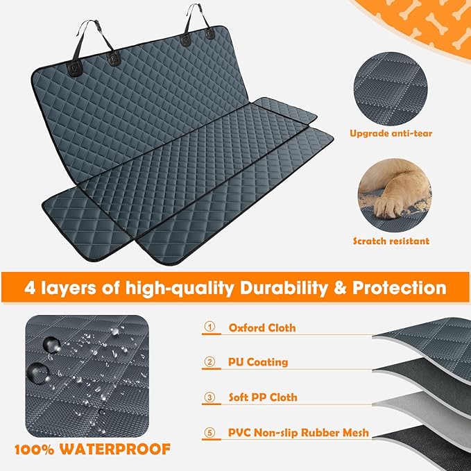 MIXJOY Dog Car Cover for Back Seat Cover Protector Waterproof Dog Seat Covers for Cars, Car Seat Protector for Dogs with 1 Dog Seat Belt, Nonslip Back Seat Cover for Kids, Trucks &amp; SUV, Grey