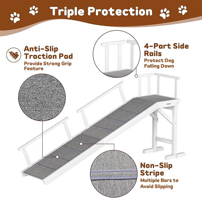 Onelike Wooden Dog Ramp for Bed with Removable Side Rail and Non-Slip Carpet, Stable Pet Ramp Stair for Couch Sofa for Small &amp; Large &amp; Senior Dogs, 74" Long Ramp White