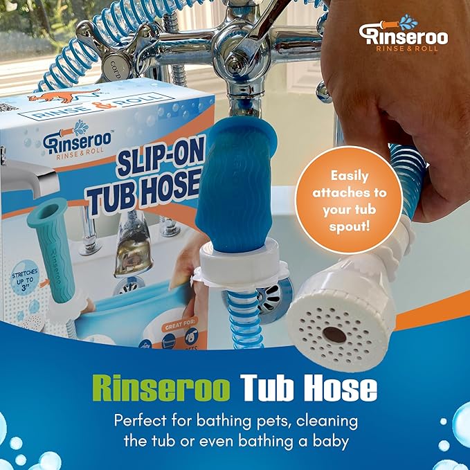 Rinseroo: Slip-On Tub Hose – As Seen on Shark Tank – 5ft Flex Bathtub Faucet Sprayer – Easy Rinse for Pets, Hair &amp; Cleaning – No Installation Needed – Fits Faucets Up to 3” Wide – Mess-Free &amp; Portable