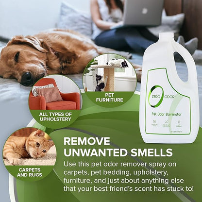 Zero Odor - Pet Odor Eliminator for strong odor, Eliminate Air &amp; Surface Odors – Patented Molecular Technology Best For Carpet, Furniture, Beds Smell Great Again, 64oz Refill