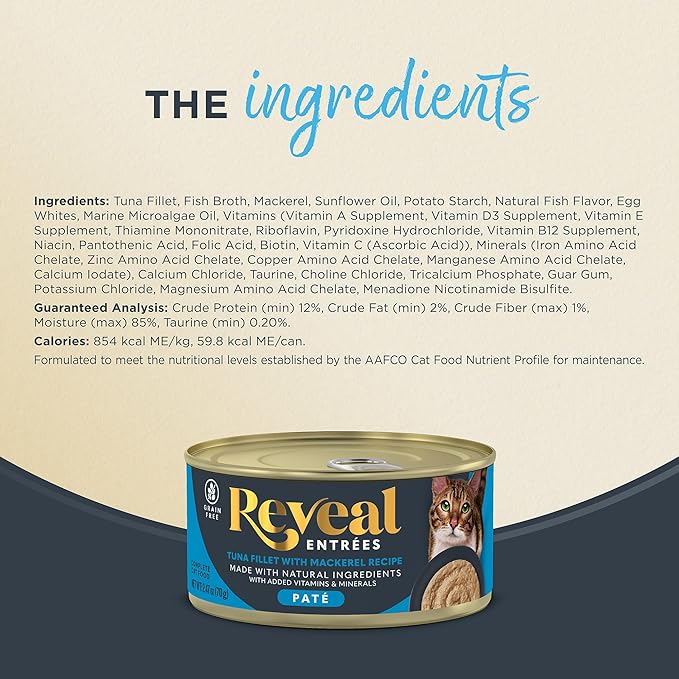 Reveal Entrées Natural Wet Cat Food Paté, Grain-Free with Added Vitamins &amp; Minerals, Carrageenan-Free Tuna Fillet with Mackerel Paté Recipe (24 x 2.47 oz Cans)
