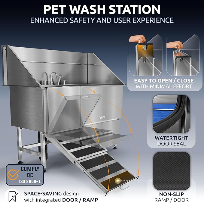 KANIS Professional Dog Washing Station - 304 Stainless Steel Pet Wash Sink &amp; Grooming Bath Tub for Home with Ramp, Shower, Floor Grate, Storage Drawer, Faucet, Drain Kit for Large, Medium &amp; Small Pets