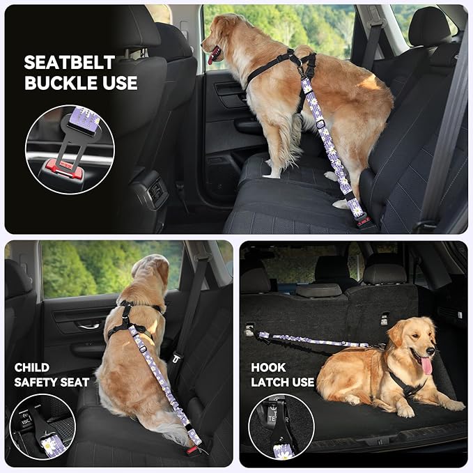 Pawaboo Dog Seatbelt for Car, Dog Seat Belt Bungee, Shockproof Dogs Tether for Car with Buckle &amp; Hook Latch, Adjustable Reflective Dogs Cars Harness Leash with 360° Lockable Buckle, Light Purple