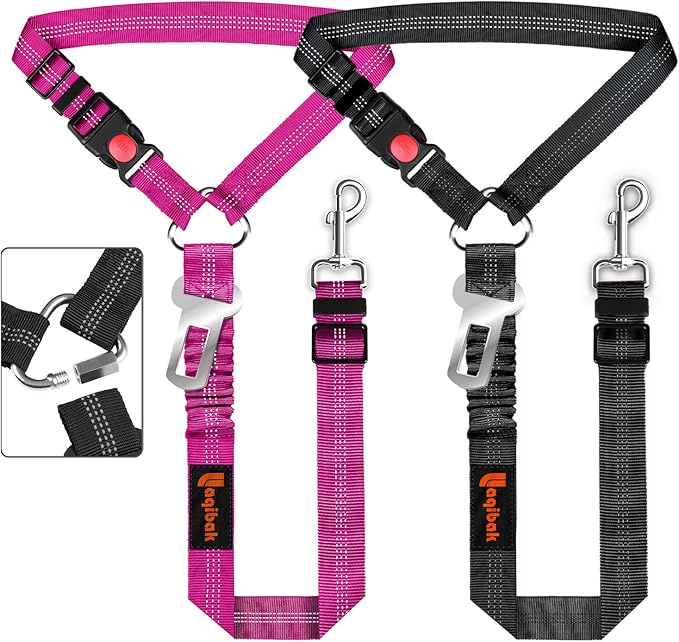 Removable Dog Seat Belt Harness for Car, 3 in 1 Pet Dog Car Seatbelt Leash, Retractable Restraint Secures to Vehicle Headrest &amp; Adjustable Reflective Bungee Dog Seatbelt Tether, Rose and Black