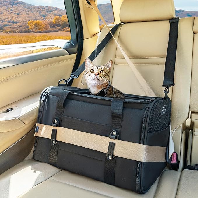 PETSFIT Soft-Sided Cat Carriers &amp; Car Seats with Patent Safe Buckles, Clip-On Harness, 18"x11"x11" Airline Approved Pet Carrier - 9 lbs Capacity (Black)