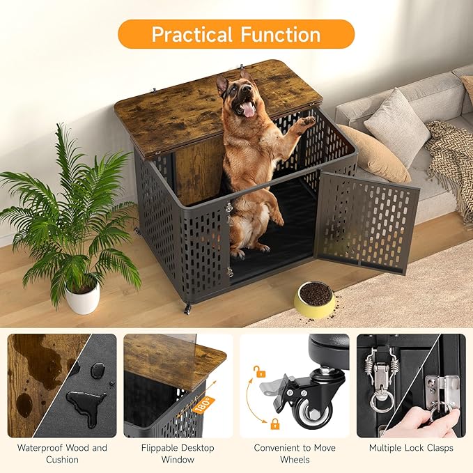 Heavy Duty Dog Crate Furniture for Large and Medium Dogs, 43.7 Inch Large Dog Crate Kennel with Flip Top &amp; Cushion &amp; Wheels, Escape Proof Pet Cage for High Anxiety Dogs