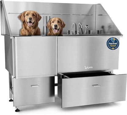 KANIS Professional Dog Washing Station - 304 Stainless Steel Pet Wash Sink &amp; Grooming Bath Tub for Home with Ramp, Shower, Floor Grate, Storage Drawers, and Faucet for Large, Medium &amp; Small Pets