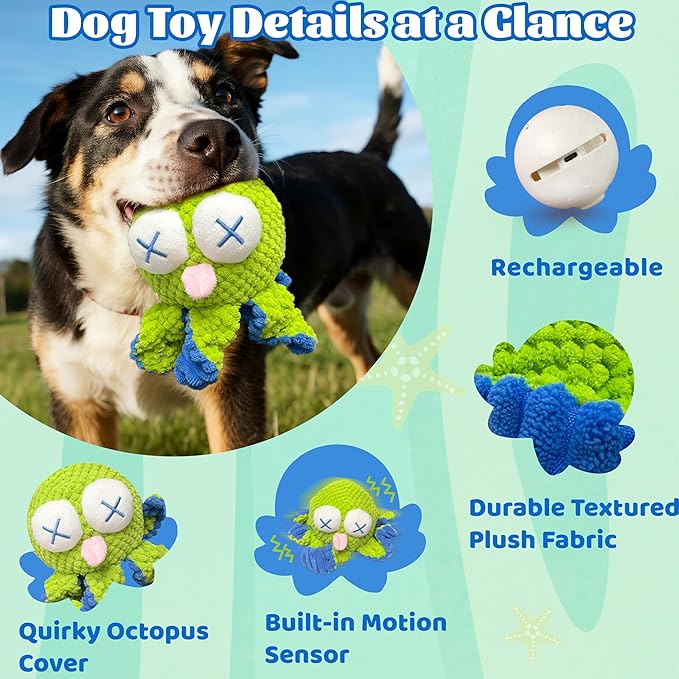 Interactive Octopus Dog Toys – Rechargeable Dog Squeaky Toy with Bouncing Ball, Music, Recording &amp; Silent Modes – Moving Toys to Keep Dogs Busy for Small, Medium &amp; Large Breeds