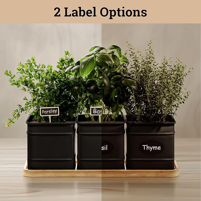 Herb Planter Indoor - 3 Iron Herb Pots with Drainage Holes, Varnished Bamboo Tray, Customizable Labels &amp; Marker Pen - Indoor Herb Garden Planter - 3 Pots for Herbs - Inside Spice Garden - Basil Pot