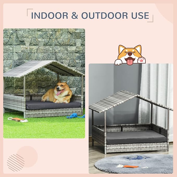 PawHut Wicker Dog House Outdoor with Canopy, Rattan Dog Bed with Water-Resistant Cushion, Raised Dog Bed for Small, Medium Dogs up to 66 lbs, 19.75" in Length, Gradient Gray Wicker &amp; Cushion