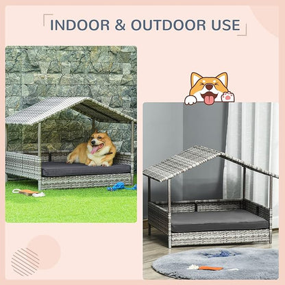 PawHut Wicker Dog House Outdoor with Canopy, Rattan Dog Bed with Water-Resistant Cushion, Raised Dog Bed for Small, Medium Dogs up to 66 lbs, 19.75" in Length, Gradient Gray Wicker &amp; Cushion