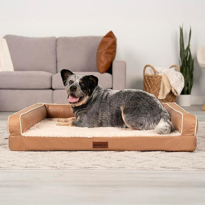 FurHaven Orthopedic Dog Sofa Bed – Memory Foam Couch with Bolsters, Textured Plush &amp; Water-Resistant Cover, Washable Cover, Joint Support - Camel, Large