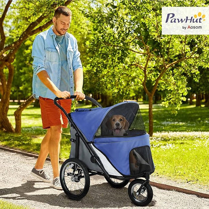PawHut Dog Stroller, Pet Stroller 3 Wheels with Easy One-Hand Fold, Rubber Wheels, Storage Bag, Soft Cushion, Safety Leash, for Small &amp; Medium Dogs, Blue