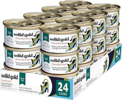 Solid Gold Wet Cat Food Pate - Healthy Canned Cat Food Pate w/Real Tuna &amp; Sardine, Omega Fatty Acids, Vitamins &amp; Minerals - Grain Free &amp; Gluten Free Can Meals for Cats &amp; Kittens - 24ct/3oz Can