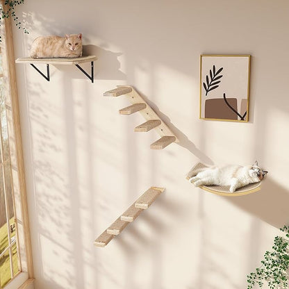 Wall Mounted Cat Shelves Stairs Set, 4 Piece Wood Cats Wall Furniture with Sisal Cat Window Perch, Flat Perch &amp; Dual 4-Step Ladders for Climbing &amp; Scratching