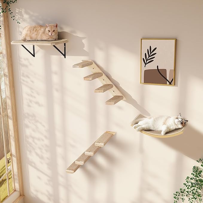 Cat Wall Shelves Set with Sisal Cats Window Perch, 4 Piece Wood Climbing Furniture with Curved Sisal Bed, Flat Shelf &amp; Two Wall-Mounted 4 Steps Cat Stairs