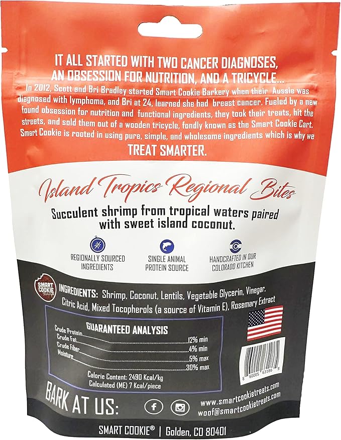 Smart Cookie All Natural Soft Dog Treats - Shrimp &amp; Coconut - Healthy Dog Treats for Allergies, Sensitive Stomachs - Chewy, Grain Free, Human-Grade, Made in The USA - 5oz Bag, 1 Pack