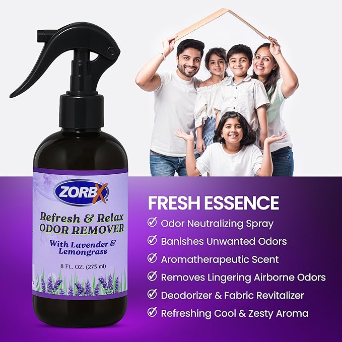 ZORBX Refresh &amp; Relax Odor Remover Spray with Lavender &amp; Lemongrass 8 Oz (Pack of 2) – Permanent Solution Room Freshener &amp; Air Freshener Spray for Home, Bathroom, Furniture, Carpet, Car, Gym &amp; Laundry