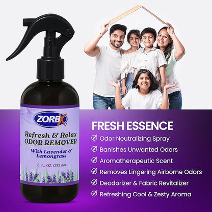 ZORBX Refresh &amp; Relax Odor Remover Spray with Lavender &amp; Lemongrass 8 Oz (Pack of 2) – Permanent Solution Room Freshener &amp; Air Freshener Spray for Home, Bathroom, Furniture, Carpet, Car, Gym &amp; Laundry