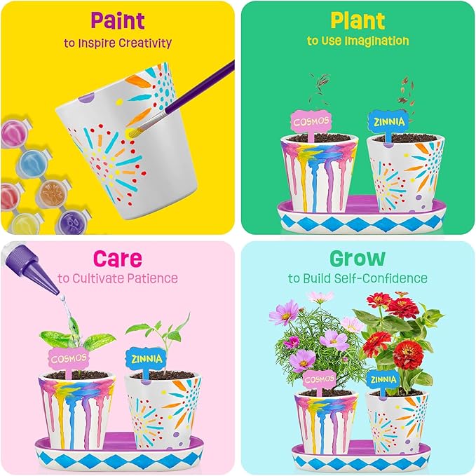 4 Set Paint &amp; Plant Flower Gardening Kit - Gifts for Girls Ages 8-12, Arts and Crafts for Kids Ages 8-12, Kids Gardening Set, Birthday Toys Gifts for Girls Boys Ages 6 7 8 9 10 11 12
