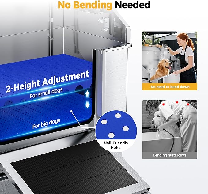 50" Dog Washing Station - 304 Stainless Steel, 27.4" Wide Ramp, Water-Storing Dog Bathing Station w/Swivel Wheels, Pet Proof Faucet, 2 Drawers, Dog Bathtub for Medium &amp; Small Dogs