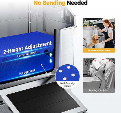 50" Dog Washing Station - 304 Stainless Steel, 27.4" Wide Ramp, Water-Storing Dog Bathing Station w/Swivel Wheels, Pet Proof Faucet, 2 Drawers, Dog Bathtub for Medium &amp; Small Dogs