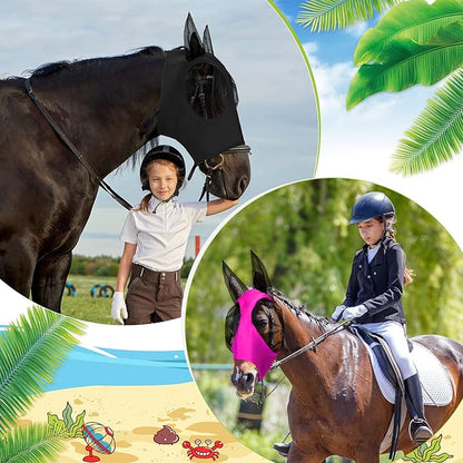 Frienda 4 Pcs Horse Fly Masks with Ears Head Fly Masks for Horses Smooth Elastic UV Protection Cover from Summer Insect Pests(Medium,Purple, Blue, Pink, Black)