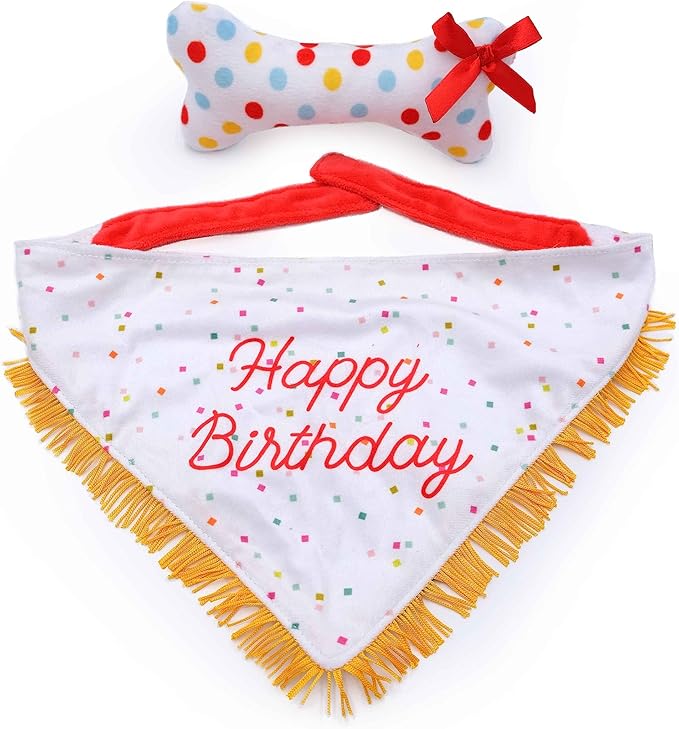 ZippyPaws Dog Birthday Gift Bandana &amp; Bone - Cute Accessories for Girl &amp; Boy Dogs, Holiday Set, Fits Small, Medium, &amp; Large Dogs, Stuffed Plush Toy, Machine Washable Handkerchief - One Size Fits Most