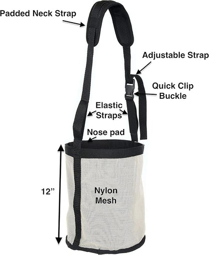 Majestic Ally Horse Feed Bag, Heavy Duty Nylon Mesh Grain Feed Bag, Adjustable Strap with Durable Snap and Elastic Straps, Comfort Neck Pad and Nose Pad- Large (Full, Beige)
