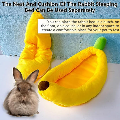 Rabbit Bed,Bunny Bed,Thick&amp;Soft with Removable Mat,Machine Washable Guinea Pig Cushion,Cozy Rabbi Plush House,Warm Small Animal Sleeping Beds(Yellow Banana Shape-L)