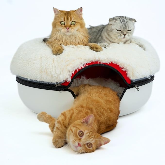 CATTASAURUS Peekaboo Cat Cave for Multiple &amp; Large Cats Up to 30-45 Lbs, Fluffy Cat Beds &amp; Furniture, Scratch Detachable &amp; Washable Tunnel Bed, Comfy Donut Bed (Ruby Snowball, Large (Calming))