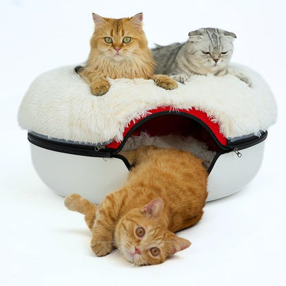 CATTASAURUS Peekaboo Cat Cave for Multiple &amp; Large Cats Up to 30-45 Lbs, Fluffy Cat Beds &amp; Furniture, Scratch Detachable &amp; Washable Tunnel Bed, Comfy Donut Bed (Ruby Snowball, Large (Calming))